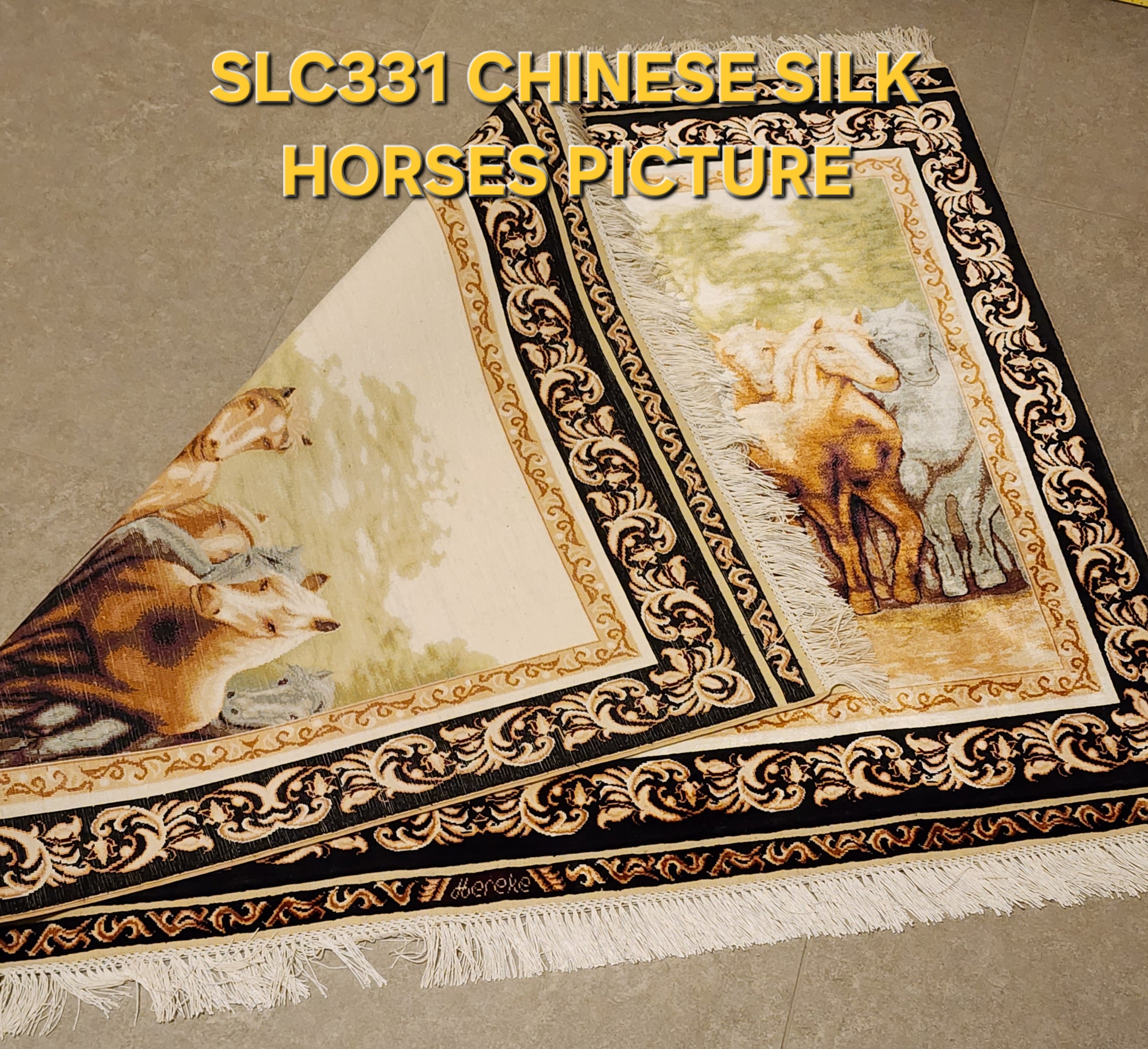 SLC331 SILK Horses Picture | שטיח אומנותי סוסים משי עבודת יד 100% 91x122 ס"מ