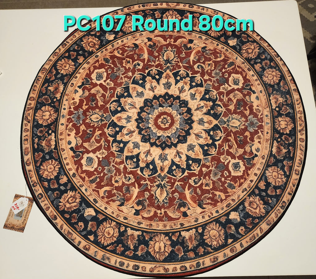 PC107 3D Printed Carpet Brown/Blue Round 80cm | שטיח מודפס בסגנון פרסי אוריינטלי 3D עגול חום/כחול 80 ס"מ