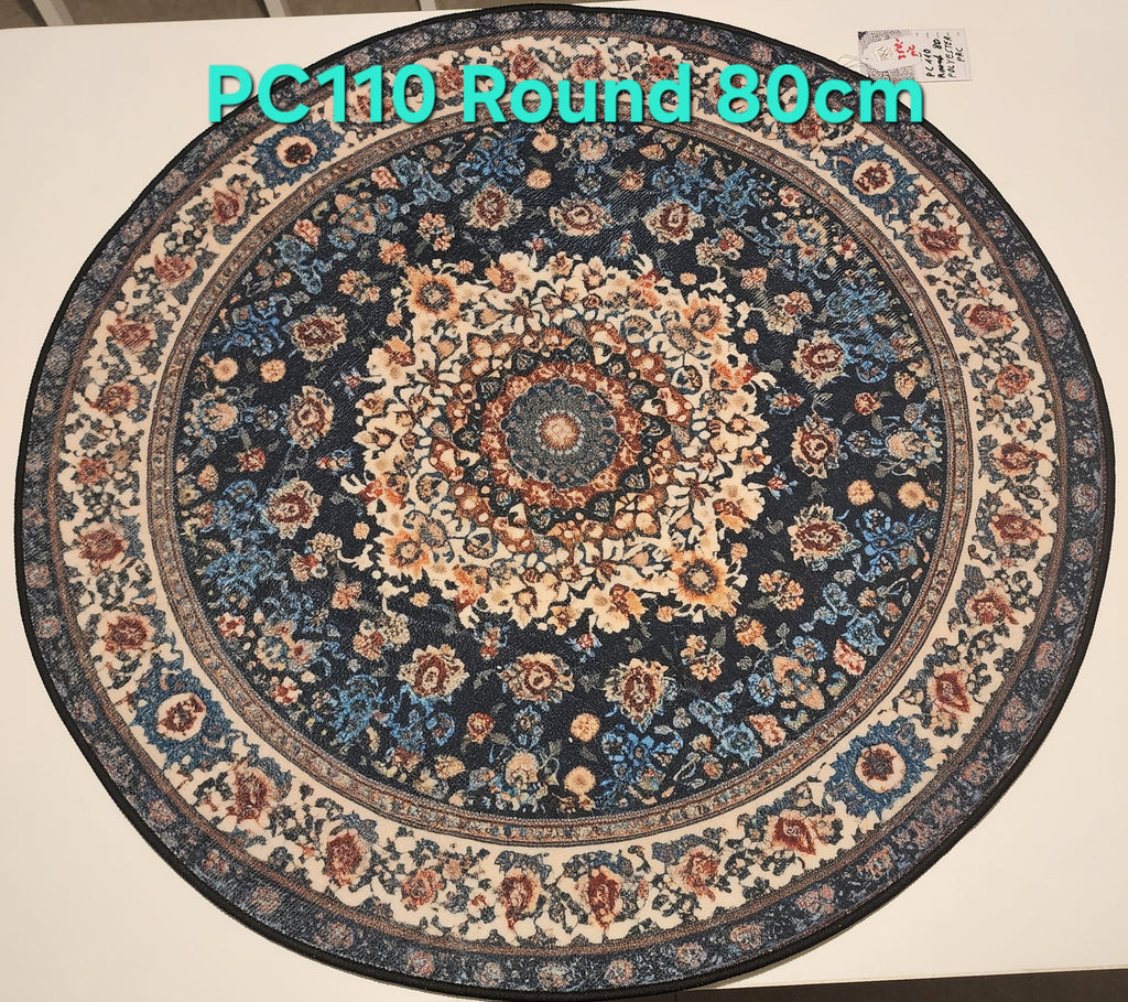 PC110 3D Printed Carpet Blue Round 80cm | שטיח מודפס בסגנון פרסי אוריינטלי 3D עגול כחול 80 ס"מ