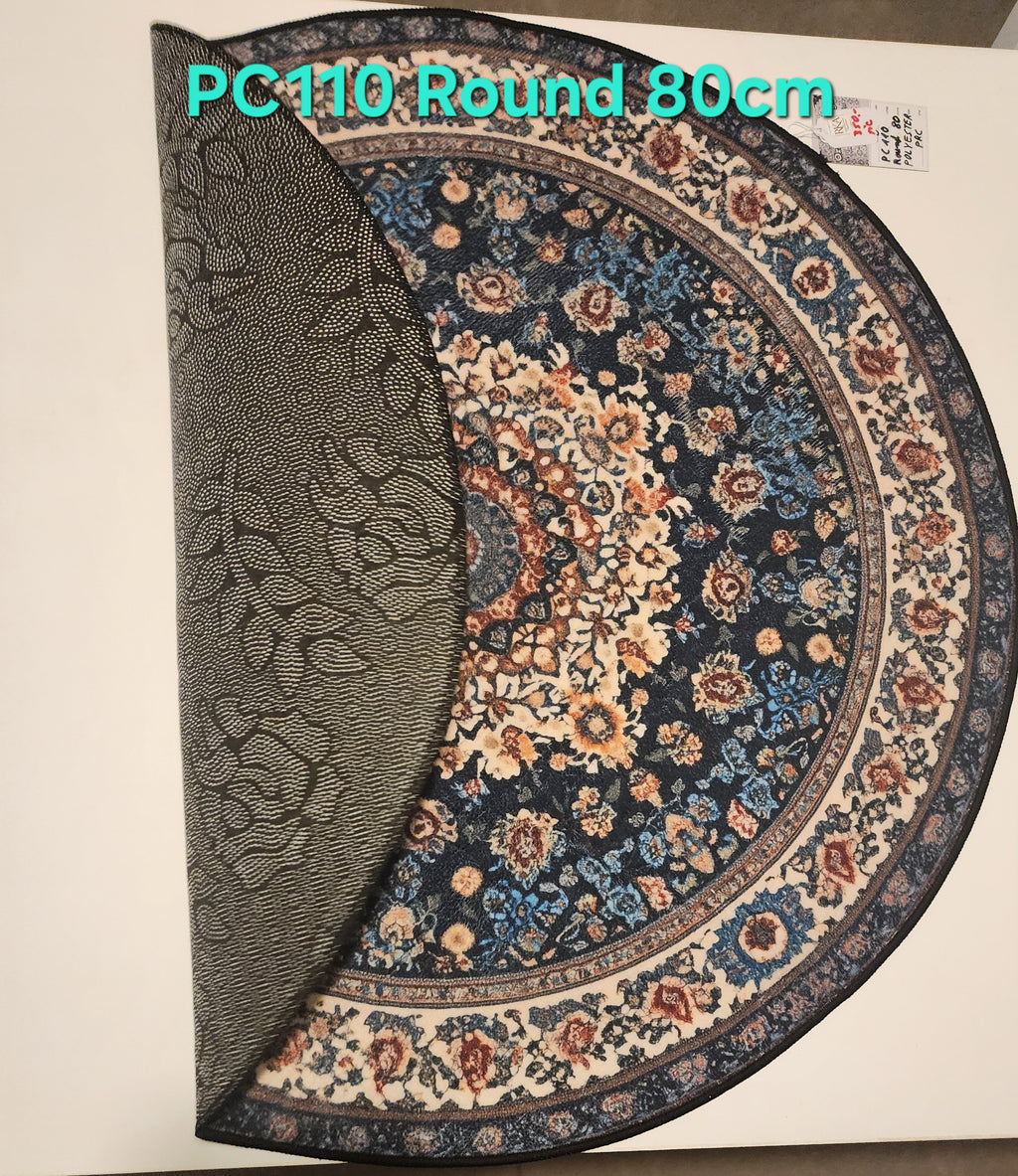 PC110 3D Printed Carpet Blue Round 80cm | שטיח מודפס בסגנון פרסי אוריינטלי 3D עגול כחול 80 ס"מ