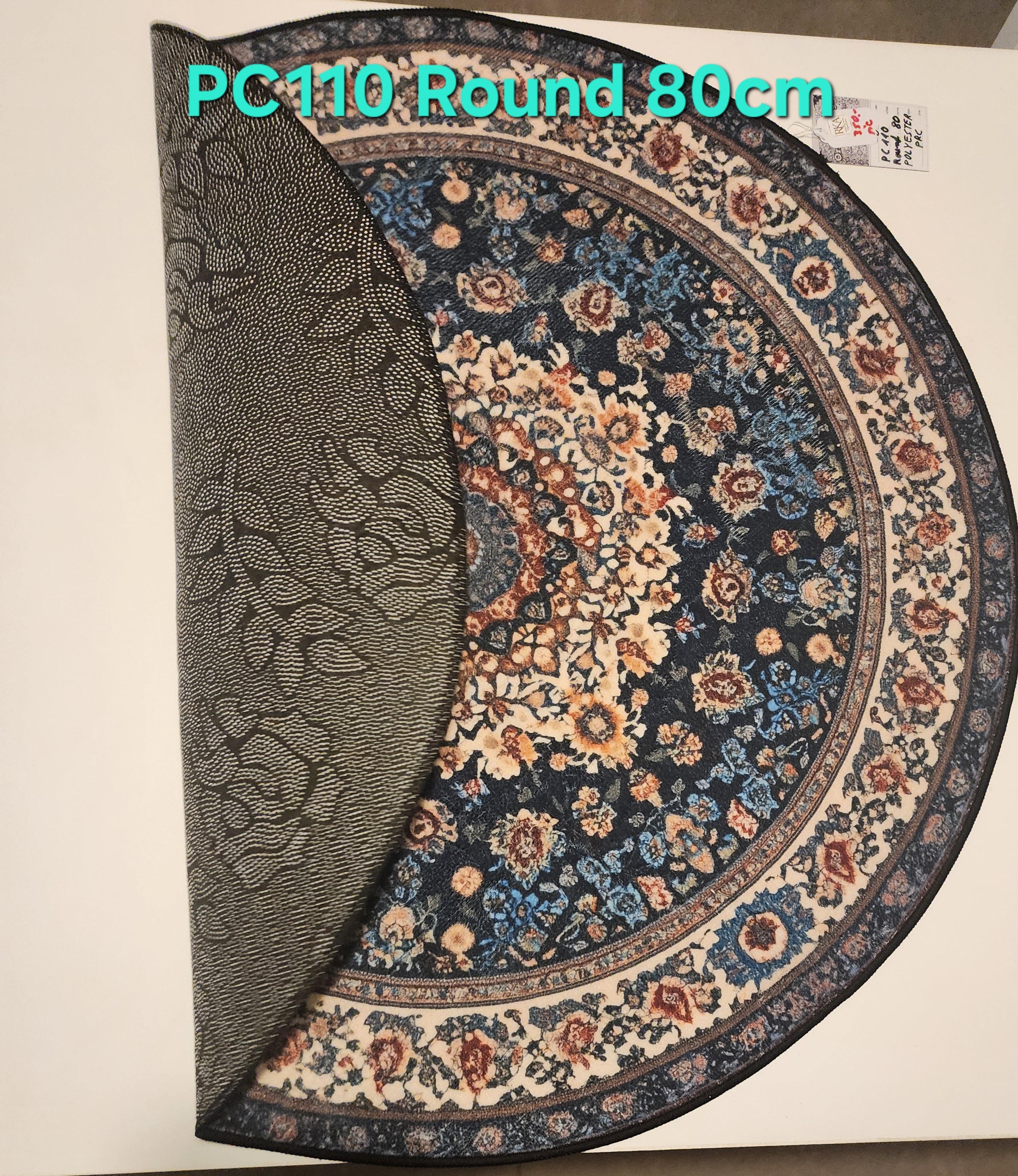 PC110 3D Printed Carpet Blue Round 80cm | שטיח מודפס בסגנון פרסי אוריינטלי 3D עגול כחול 80 ס"מ