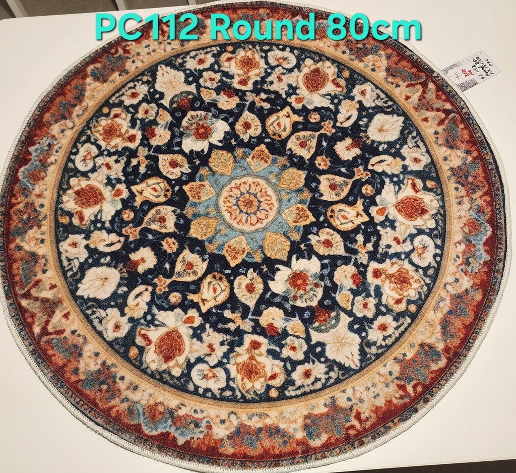 PC112 3D Printed Carpet Blue Round 80cm | שטיח מודפס בסגנון פרסי אוריינטלי 3D עגול כחול 80 ס"מ
