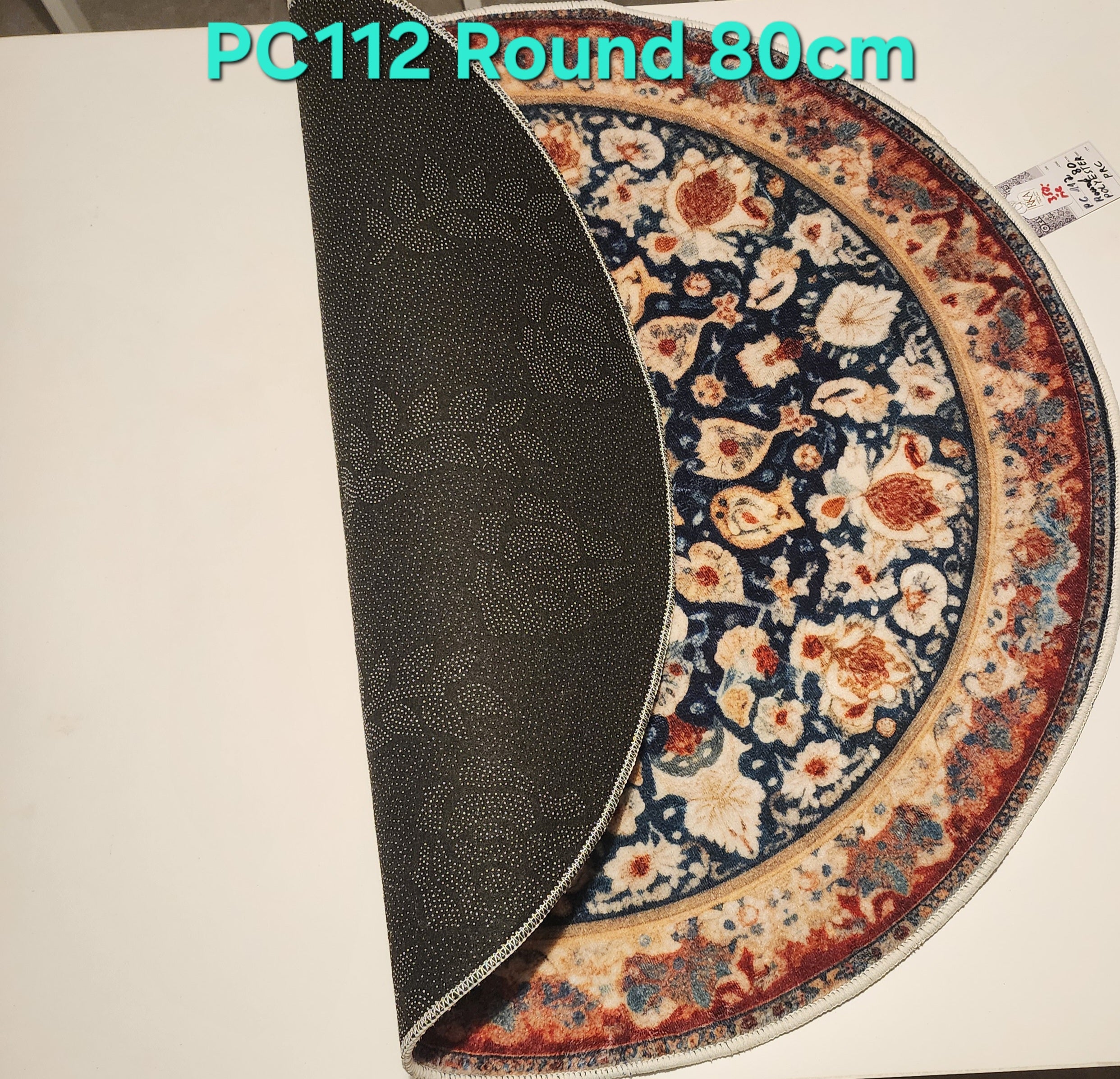 PC112 3D Printed Carpet Blue Round 80cm | שטיח מודפס בסגנון פרסי אוריינטלי 3D עגול כחול 80 ס"מ