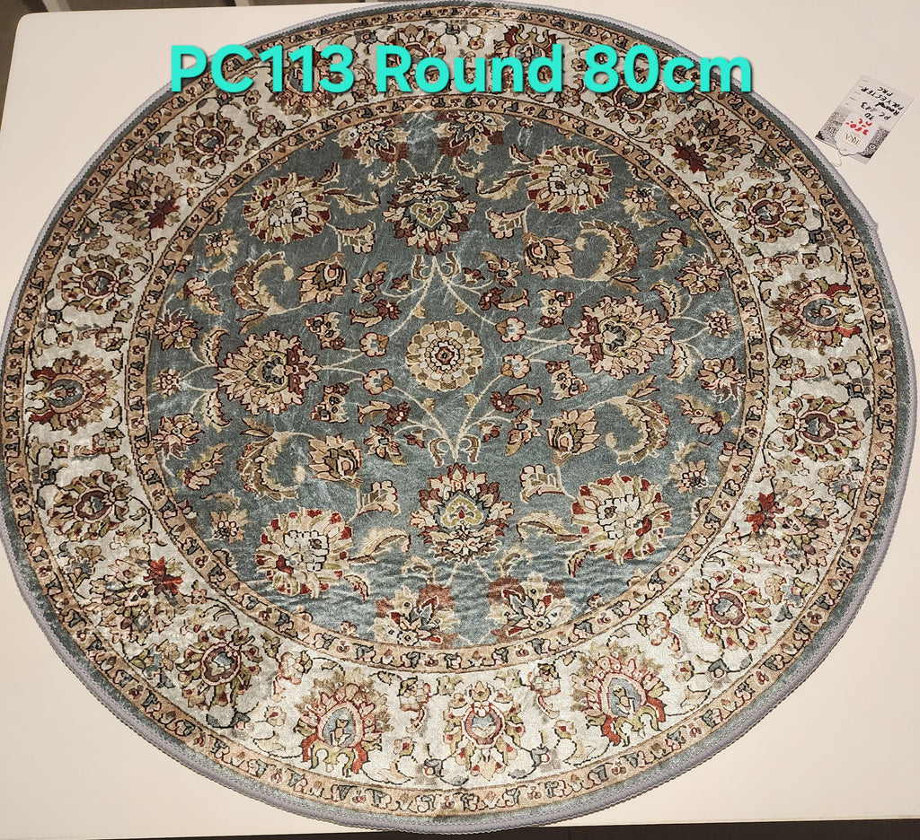 PC113 3D Printed Carpet Blue/Gray Round 80cm | שטיח מודפס בסגנון פרסי אוריינטלי 3D עגול כחול/אפור 80 ס"מ