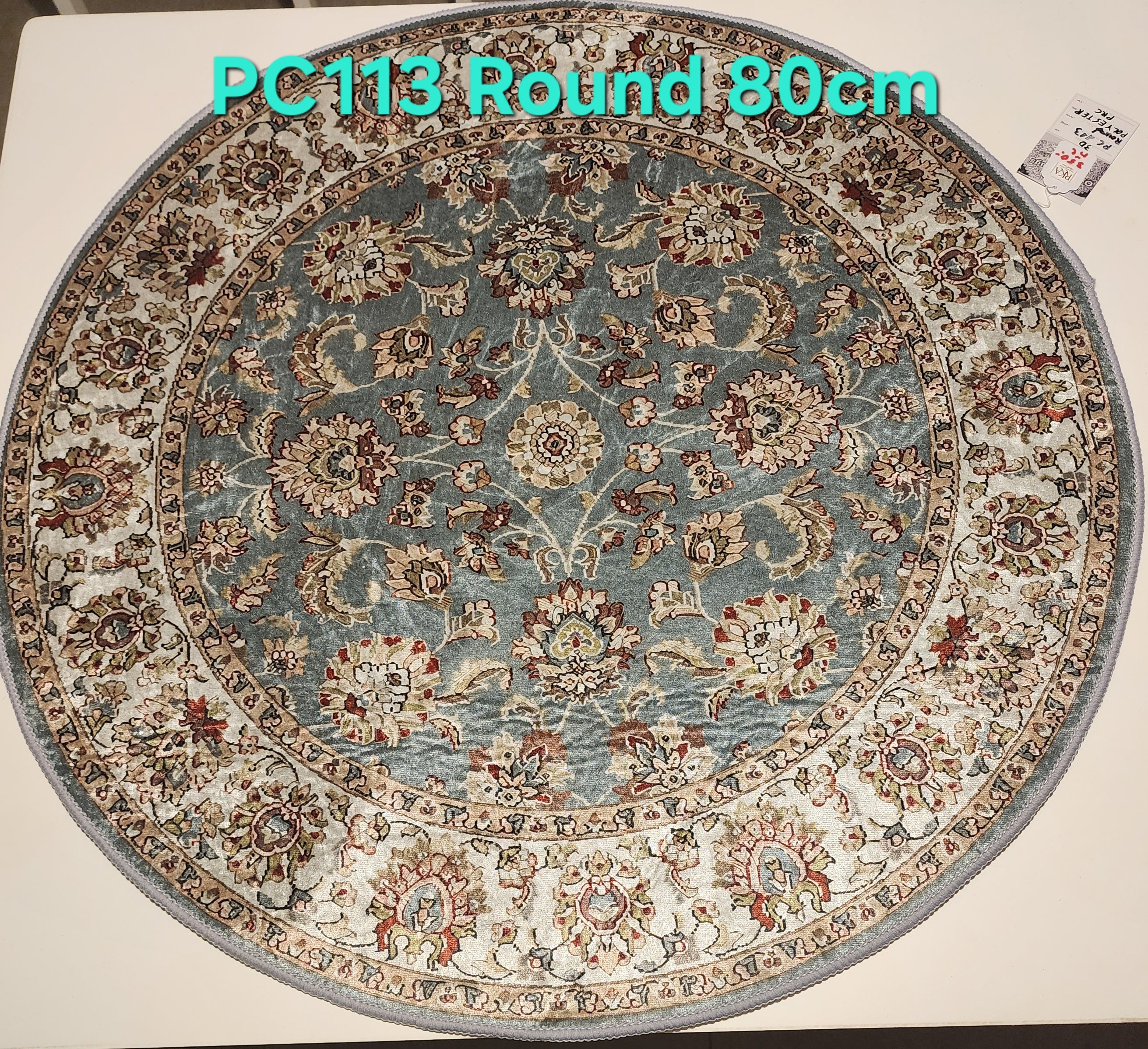 PC113 3D Printed Carpet Blue/Gray Round 80cm | שטיח מודפס בסגנון פרסי אוריינטלי 3D עגול כחול/אפור 80 ס"מ