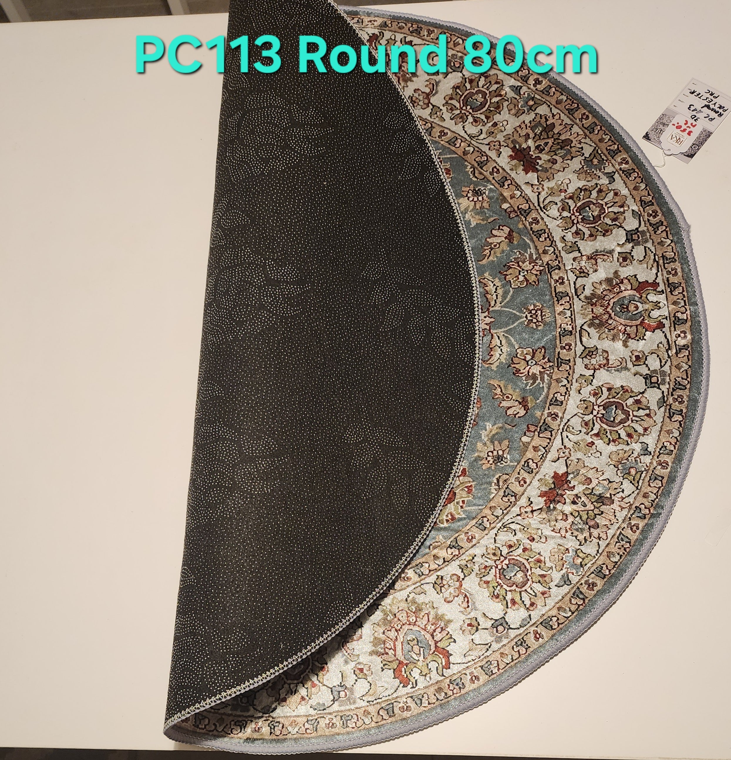 PC113 3D Printed Carpet Blue/Gray Round 80cm | שטיח מודפס בסגנון פרסי אוריינטלי 3D עגול כחול/אפור 80 ס"מ