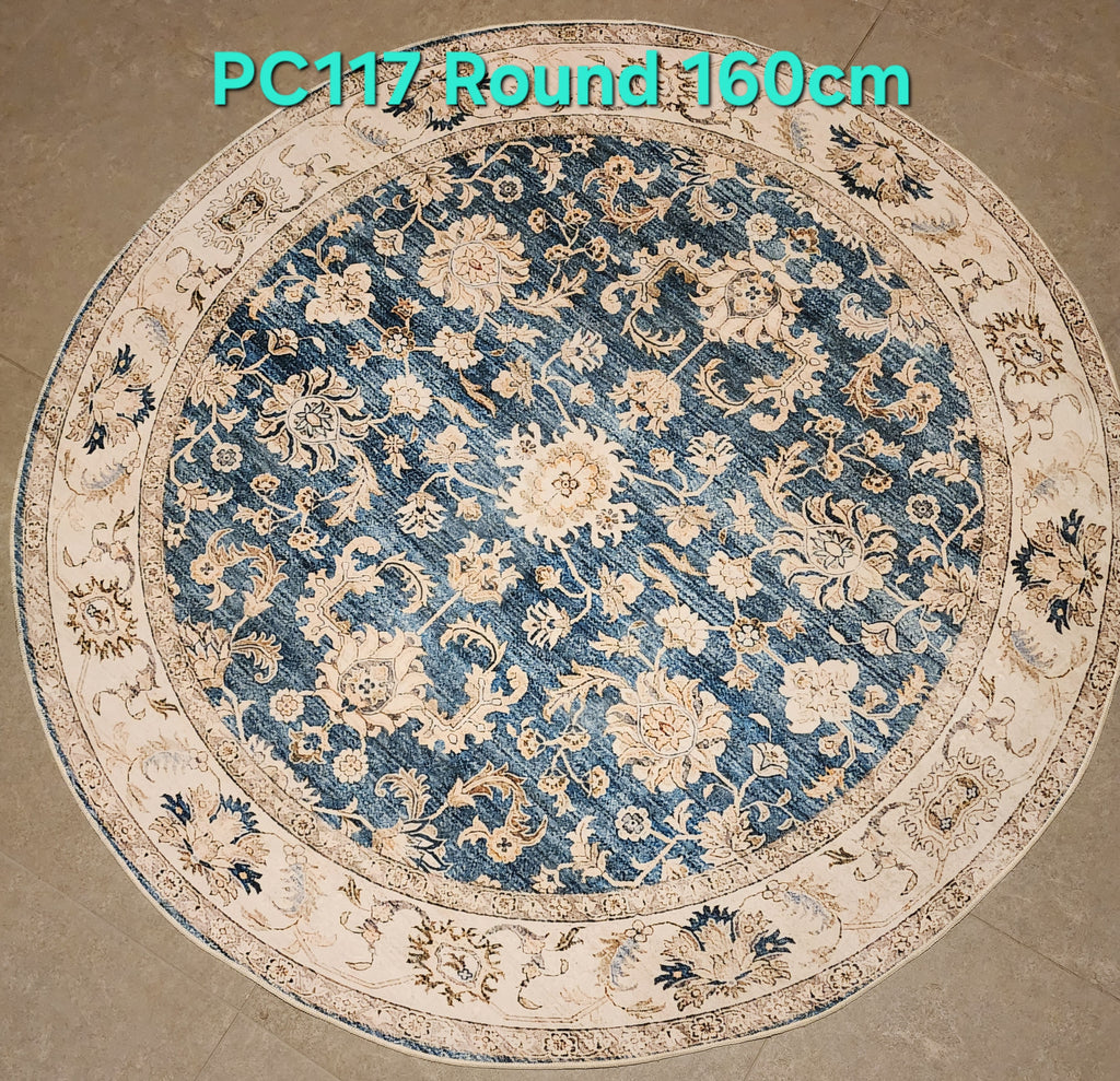 PC117 Printed Carpet Blue/Cream Round 160cm | שטיח מודפס בסגנון פרסי אוריינטלי 3D עגול כחול/קרם 160 ס"מ