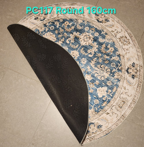 PC117 Printed Carpet Blue/Cream Round 160cm | שטיח מודפס בסגנון פרסי אוריינטלי 3D עגול כחול/קרם 160 ס"מ