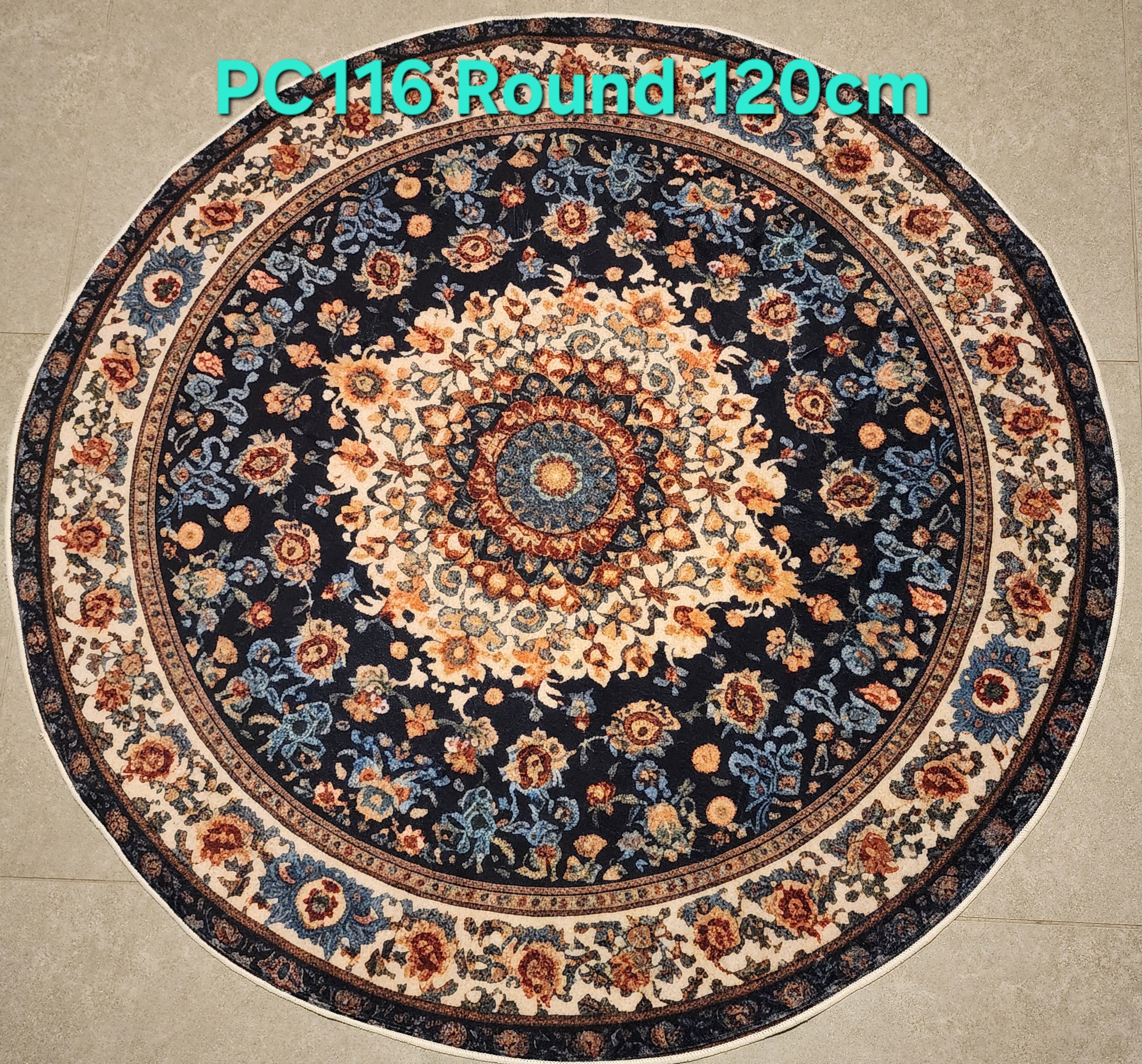 PC116 Printed Carpet Dark Blue Round 120cm | שטיח מודפס בסגנון פרסי אוריינטלי 3D עגול כחול כהה 120 ס"מ