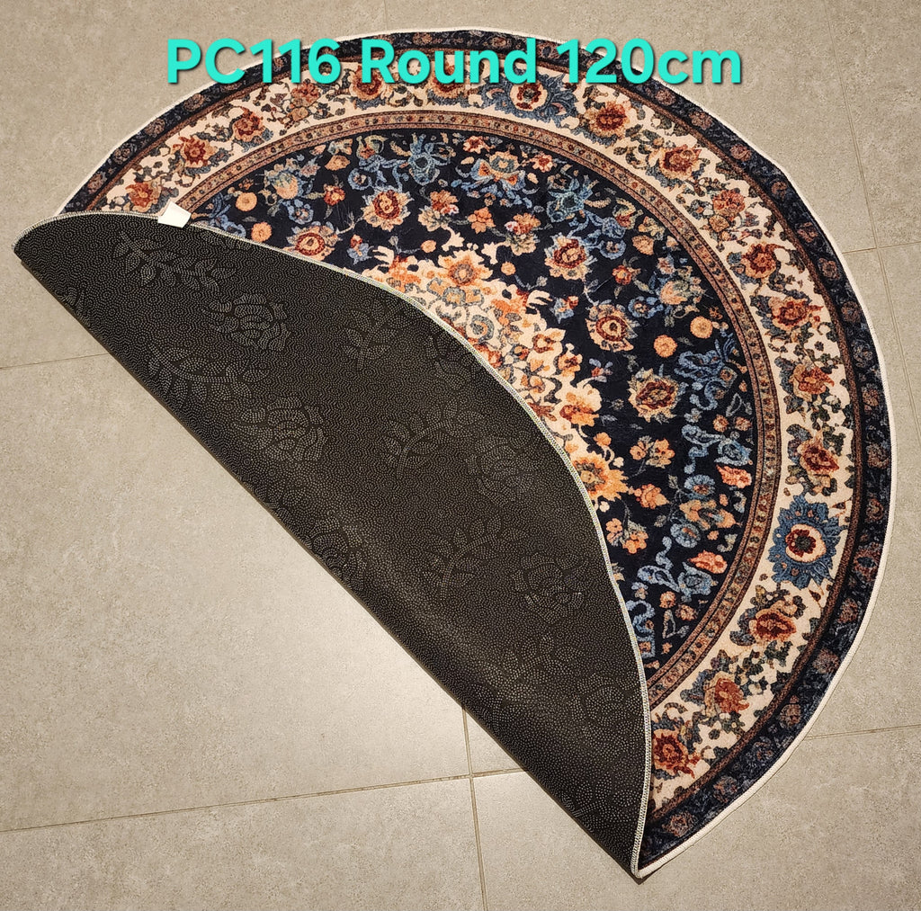 PC116 Printed Carpet Dark Blue Round 120cm | שטיח מודפס בסגנון פרסי אוריינטלי 3D עגול כחול כהה 120 ס"מ